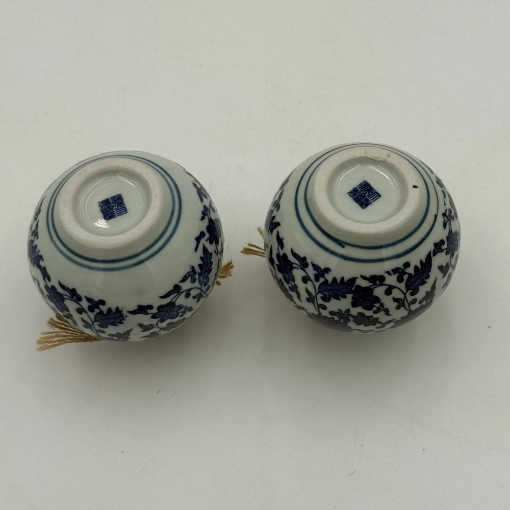 Blue and White Floral Ceramic Bud Vases Set of 2 Mini Round Chinoiserie Decor